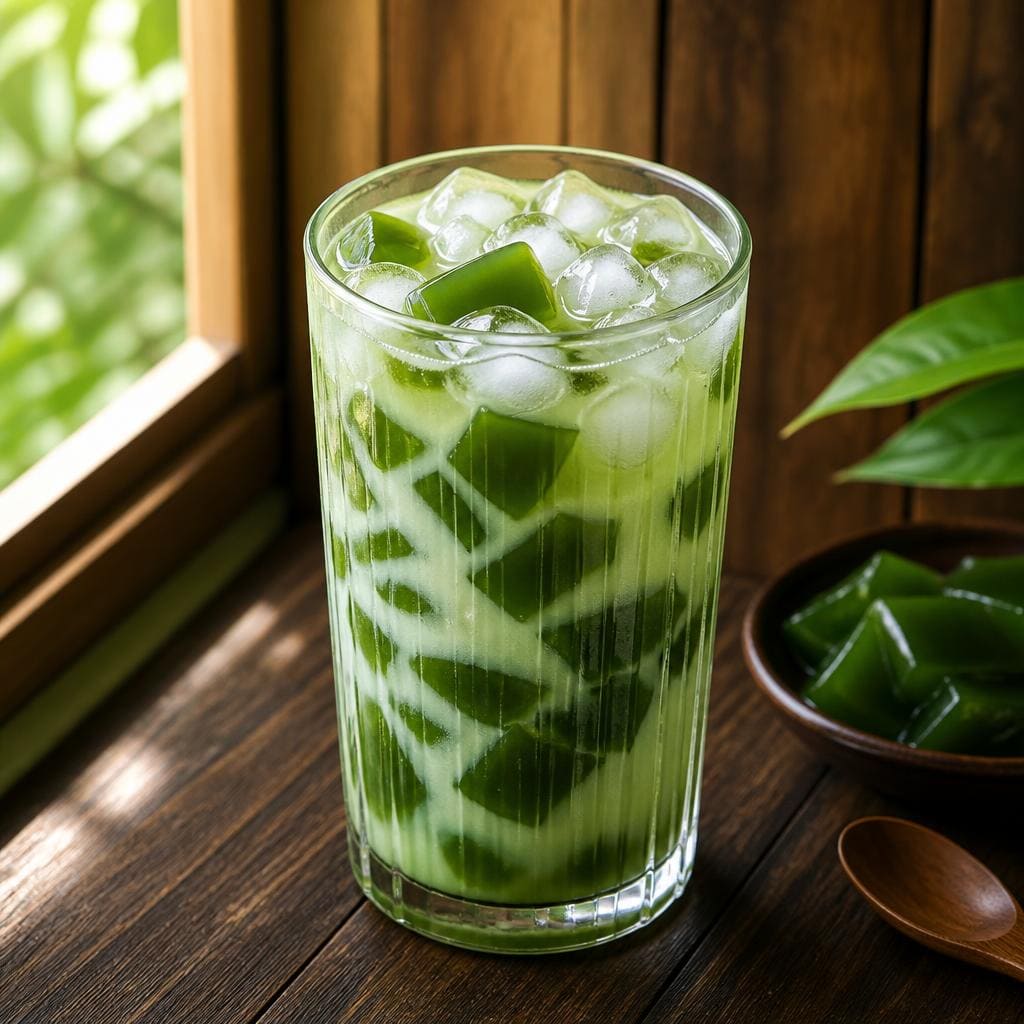 Es Cincau Hijau Te Sate dengan cincau segar dan kuah manis lembut